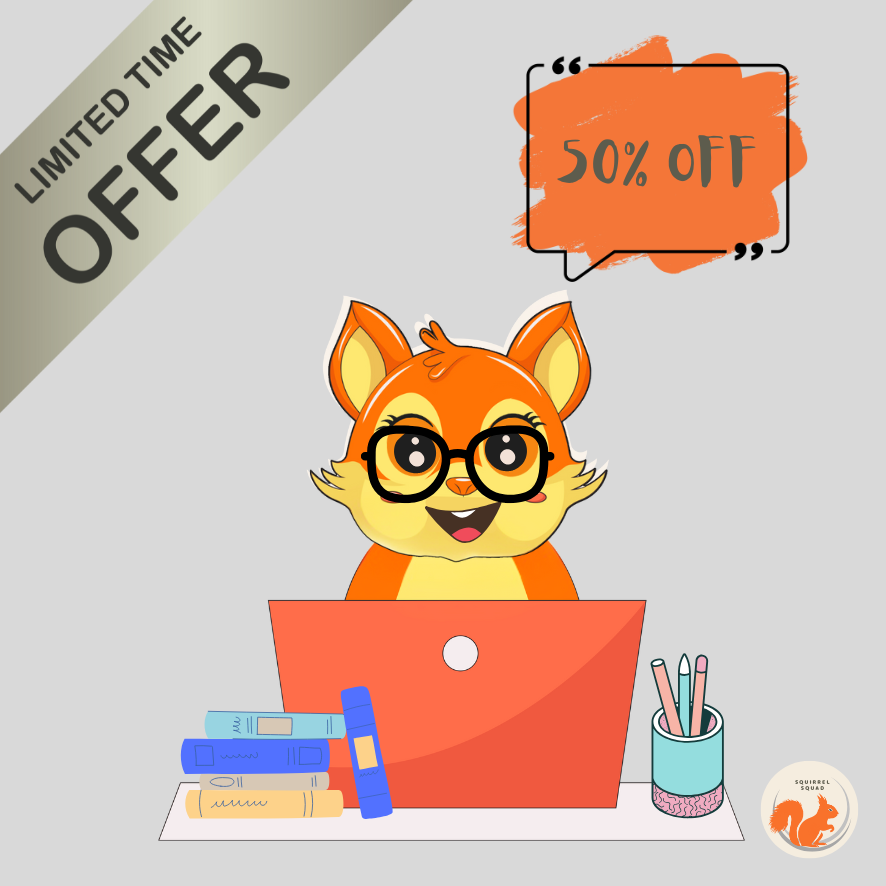 Squirrel at laptop with 50% off speech bubble